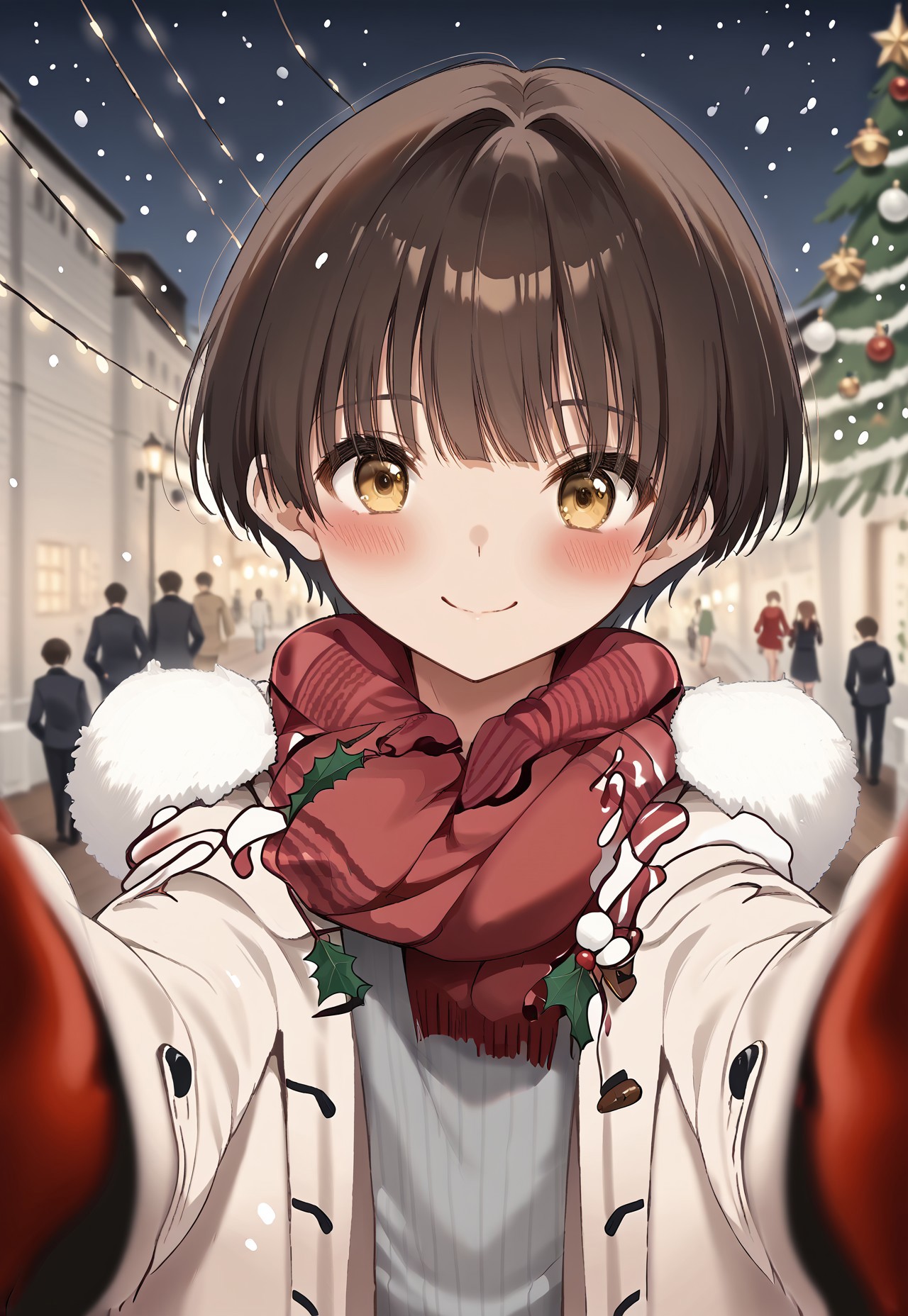 safe_pos, Score_9,score_8_up,score_7_up, Highly detailed, masterpiece, high quality, beautiful, high resolution, good details, 1boy, 1boy, sexy (cute petite boy, bare right arm, stripe), source_anime, 
 skinny, aged down, petite, young,

tokiedaharuka, black hair, brown hair, yellow eyes, bangs, short hair

,, <lora:pov-cheek-warming-ponyxl-lora-nochekaiser:1>, pov cheek warming, pov cheek warming (meme), winter gloves, duffel coat, fur-trimmed scarf, winter clothes, red mittens, meme, winter coat, scarf, fur-trimmed coat, reaching towards viewer, reaching, mittens, fur-trimmed hood, coat, open coat, scarf, coat, gloves, snowing, pov, fur trim, depth of field, smile, blush,, christmas, christmas tree, christmas lights,,