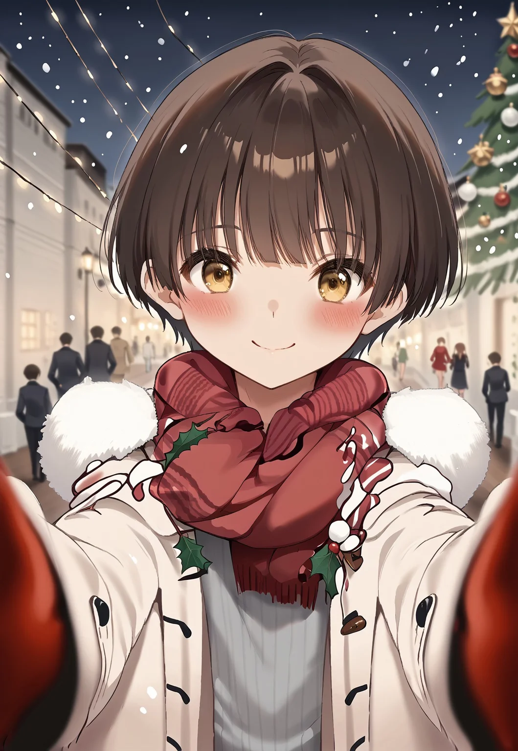 safe_pos, Score_9,score_8_up,score_7_up, Highly detailed, masterpiece, high quality, beautiful, high resolution, good details, 1boy, 1boy, sexy (cute petite boy, bare right arm, stripe), source_anime,
skinny, aged down, petite, young,
tokiedaharuka, black hair, brown hair, yellow eyes, bangs, short hair
,, <lora:pov-cheek-warming-ponyxl-lora-nochekaiser:1>, pov cheek warming, pov cheek warming (meme), winter gloves, duffel coat, fur-trimmed scarf, winter clothes, red mittens, meme, winter coat, scarf, fur-trimmed coat, reaching towards viewer, reaching, mittens, fur-trimmed hood, coat, open coat, scarf, coat, gloves, snowing, pov, fur trim, depth of field, smile, blush,, christmas, christmas tree, christmas lights,,