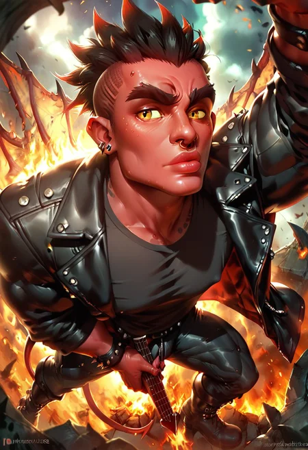 score_9, score_8_up, score_7_up, score_6_up, portrait of a male demon, red skin, demon, punk hair, round face, small nose, thick eyebrows, big lips, perfecteyes, small eyes, wearing a leather jacket, wearing leather pants, black t shirt, black boots, playing an electric guitar, surrounded by dragons, surrounded by fire, in hell, male focus, male only