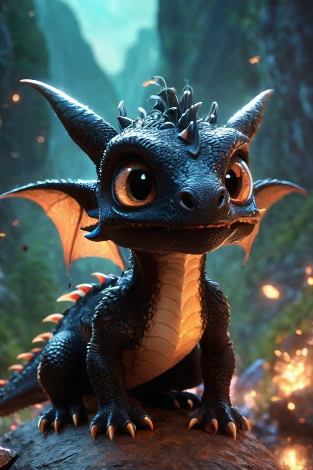 Hyperdetailed Photography, cute disney styled baby black dragon, (detailed face), reflection, (fantasy horror mountain background, overlooking cliff, particles, mist, fog, night, lots of details), sharp focus, (pixar style:1.2),  <lora:Fantasy_realistic_pixar_style-000004:1.3>