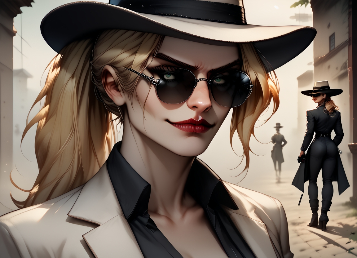 realistic, detectiveincog, and partierbetherz, 2women, score_9, score_8_up, score_7_up, score_6_up, fedora, sunglasses, BREAK,
smirk, looking over eyewear, holding gun, aiming at viewer, extreme_wide_shot