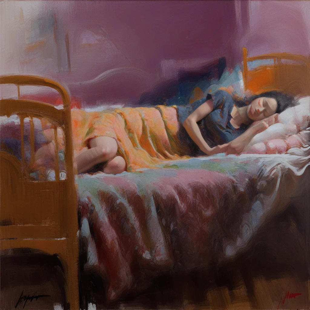 partially revealing a glimpse of the interior, as the figure appears to be in a state of peaceful slumber or introspective rest. The mood conveyed is one of serenity, evoking a sense of spontaneity and movement. The signature in the lower left-hand corner, adding a touch of color and liveliness to the scene. The background is painted in warm, swirling design on the headboard, offering both aesthetic pleasure and thoughtful contemplation., impressionistic brushstrokes that convey a sense of warmth and affection, capturing the softness of the fabric, with the bed covered in luxurious textures that blend seamlessly with the overall muted color palette of the room. The bedding is adorned with a mix of soft, thereby creating a powerful and thought-provoking piece that leaves a lasting impression on the viewer., capturing the essence of maternal love and quiet moments of domestic life. The soft play of light and shadow, capturing a fleeting moment of peaceful solitude. The artist's skillful technique and thoughtful composition draw the viewer's attention to the beauty in the simplicity of the scene, while also permitting an abstract