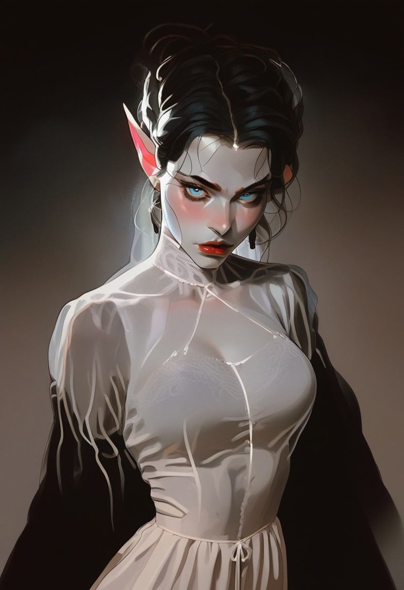 score_9, score_8_up, score_7_up,
1 girl, solo,
elf woman, beautiful, delicate,
black hair, slicked hair, large breasts,
pale skin, milky skin,
light blue eyes, looking at viewer,
petite body, dark elvish make-up,
elvish intricate thin translucent lingerie,
dynamic pose, sexy posing,
fantasy, elvish style,