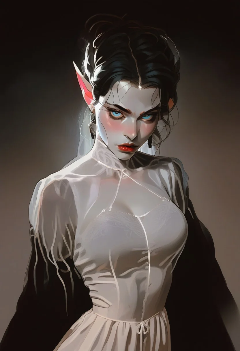 score_9, score_8_up, score_7_up,
1 girl, solo,
elf woman, beautiful, delicate,
black hair, slicked hair, large breasts,
pale skin, milky skin,
light blue eyes, looking at viewer,
petite body, dark elvish make-up,
elvish intricate thin translucent lingerie,
dynamic pose, sexy posing,
fantasy, elvish style,