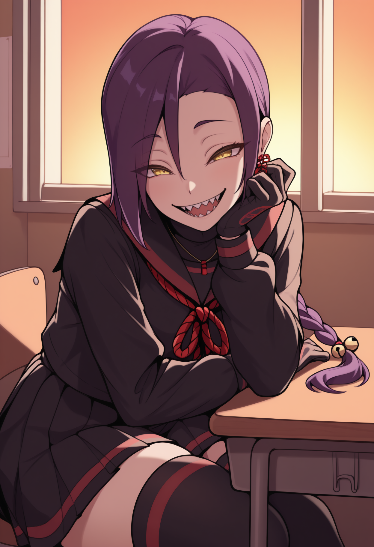 masterpiece, best quality, solo, 1girl, chkjn, sharp teeth, smile, open mouth, looking at viewer, sitting, on chair, head rest, purple hair, single braid, hair bell, yellow eyes, school uniform, black serafuku, black shirt, black sailor collar, red rope, long sleeves, black gloves, black skirt, pleated skirt, black thighhighs, earrings, necklace, indoors, sunset, classroom, table, sidelighting
<segment:yolo-Anzhc Face seg 640 v2 y8n.pt,0.4,0.5//cid=1>