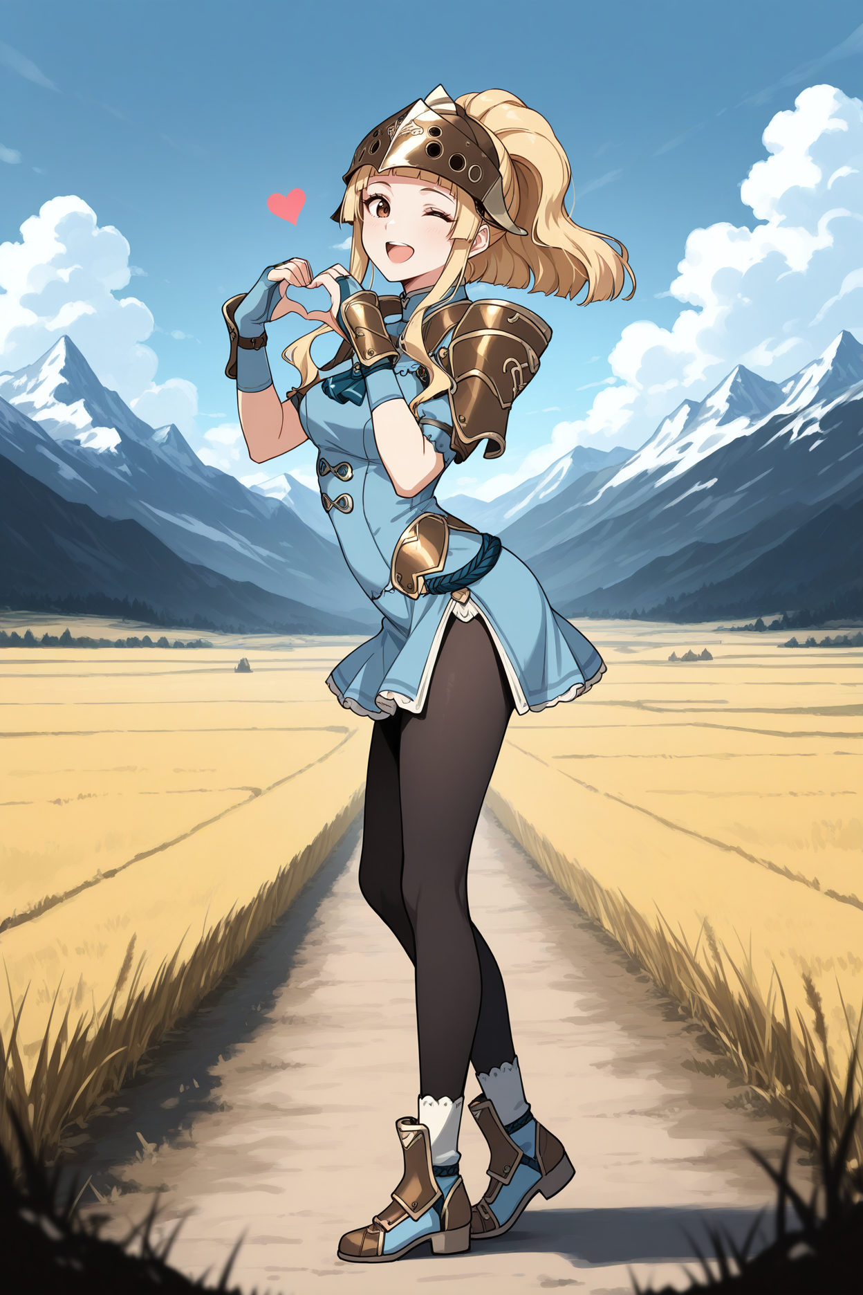 masterpiece, best quality, 1girl, solo <lora:feclair-illu-nvwls-v1-000005:1> cl4ir, high ponytail, blonde hair, sidelocks, blunt bangs, brown eyes, helmet, light blue dress, short dress, short sleeves, shoulder armor, blue ascot, bridal gauntlets, light blue gloves, black pantyhose, boots, standing, full body, field, mountains, blue sky, clouds, heart hands, happy, open mouth, looking at viewer, wink, from side, arched back
