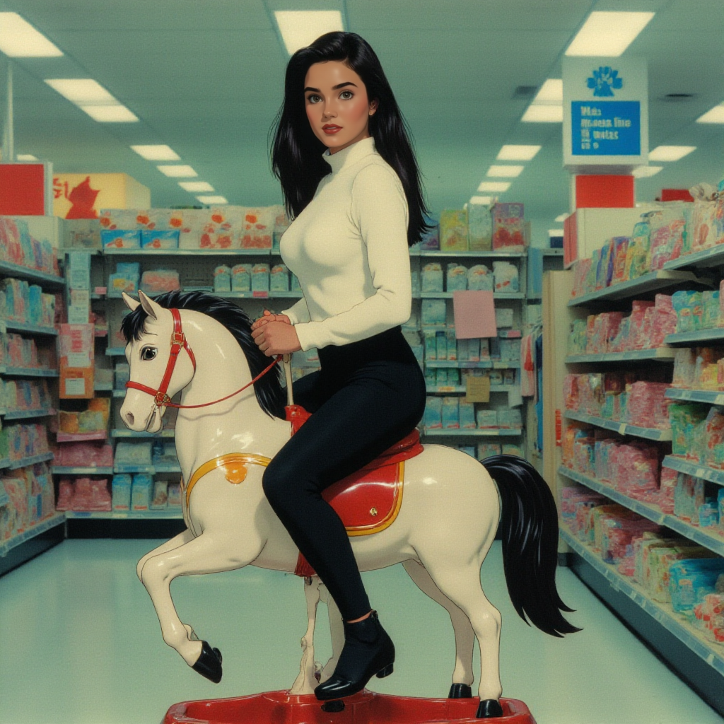 <lora:Josie McClellan:0.9> josie mcclellan, full body side view, a woman with long black hair, she wears a white turtleneck and black pant.she is looking at the viewer. She rides a coin operated horse in a wallmart  <lora:Anime_style:0.9> anime style