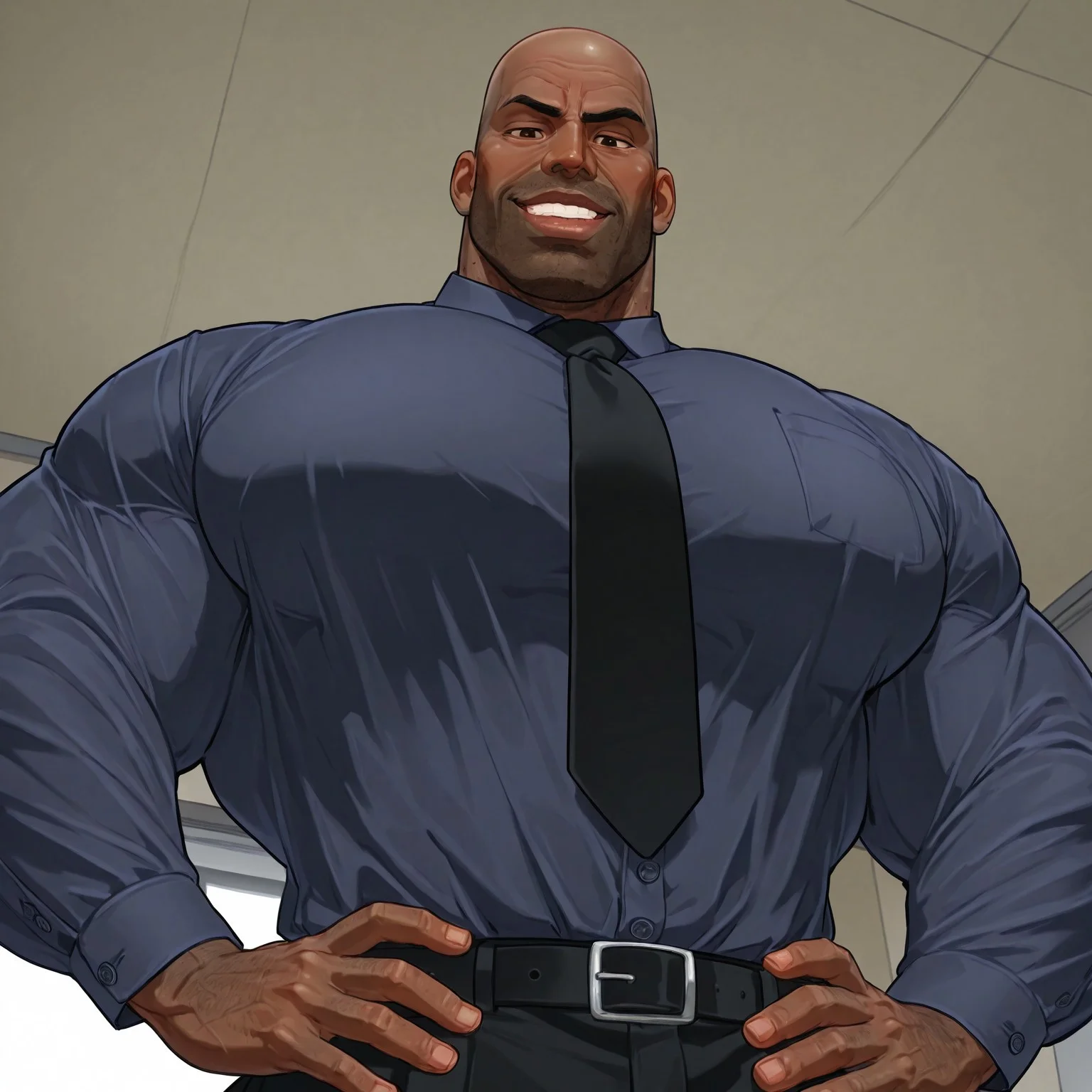 masterpiece, best quality, newest, absurdres, highres, white borders around characters, dim Light, soft light, principal's office, desk in background, day, BREAK bara, muscular male, male focus, 1man, male focus, male, huge shoulders huge muscles, big pecs, muscle pecs, male focus, thin waist, pecs, plump, bodybuilder, 1boy, african man, bald, faceless head, mouth, {{beefy}}, {{muscular}}, {{large}}, {{tall}}, ripped, teeth, HD, detailed, salt and pepper body hair, hairy shoulders, veiny shoulders, veiny neck, very dark brown skin, african american, african features, big lips, HD face, detailed face, black race, close up on face, zoom on face, shoulder angle, very muscular, arms crossed, looking down at viewer, frown, eyes half closed, disappointed, serious, dark blue shirt, long sleeves, black tie, chest covered, body covered, shoulders covered, fully clothed, pov, view from below, bottom angle, hands on hip, smirk