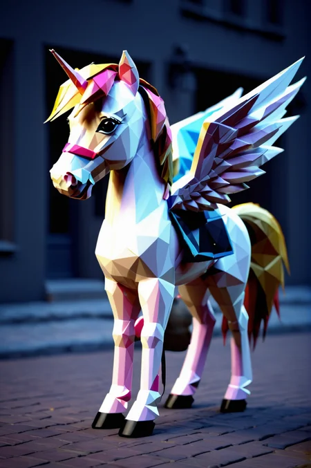 pink pony made of lowpoly, character focus:1.1 , dramatic angle, magic, standing in the street, wings, happy <lora:LowpolyXL_LoRA:1>