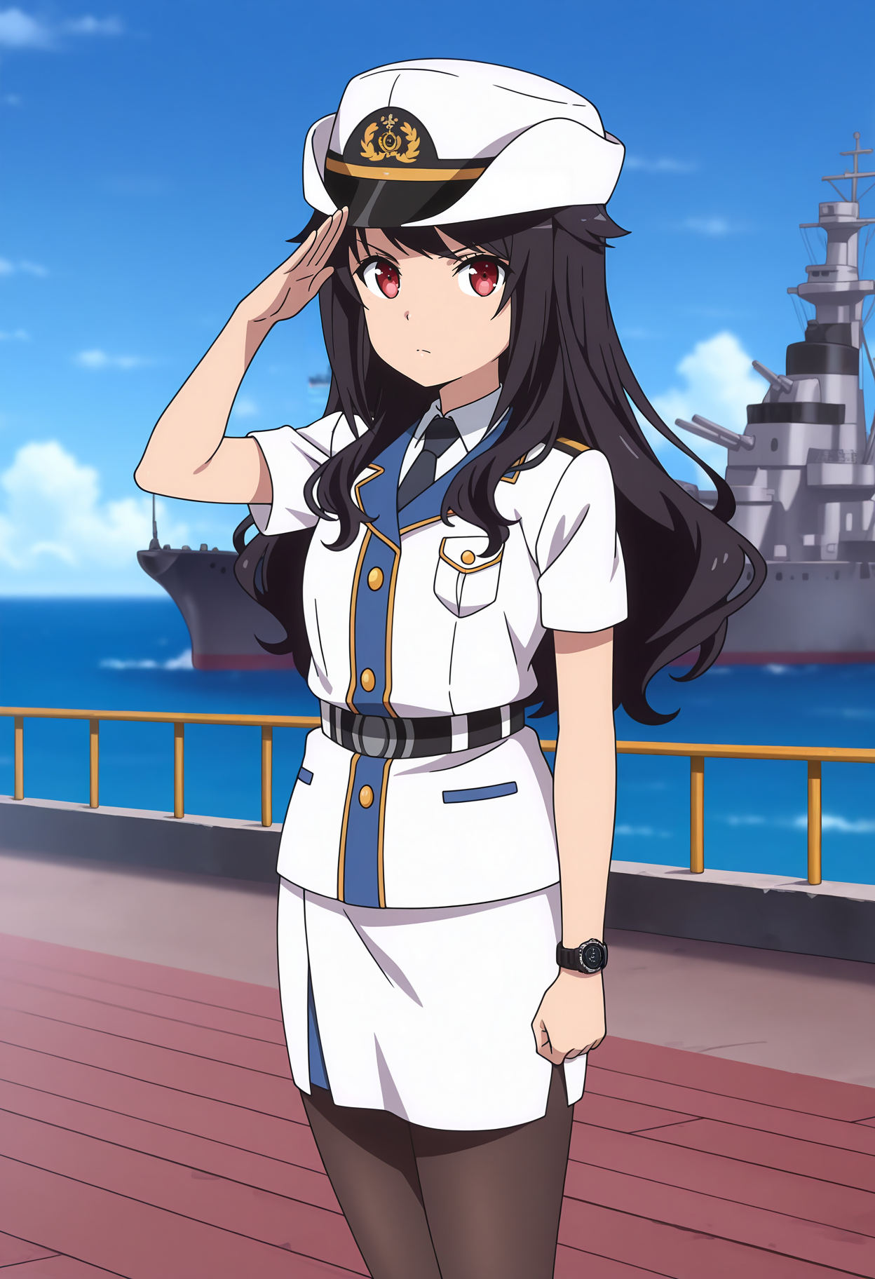 anime screencap, masterpiece, best quality,
<lora:HighSchoolFleet_MunetaniMashimo_IlluXL:0.9>,
1girl, solo, serious,
long hair, black hair, red eyes,
sailor hat, white headwear, naval uniform, white jacket, collared shirt, white shirt, black necktie, short sleeves, breast pocket, wristwatch,
black belt, pencil skirt, white skirt, black pantyhose,
salute, standing, looking at viewer, cowboy shot, legs,
horizon, dock, outdoors, battleship, warship, blue sky, blurry background