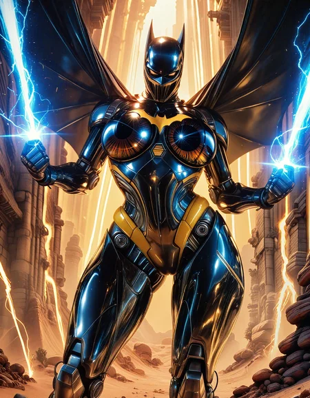 masterpiece, best quality, amazing quality, very aesthetic, absurdres, volumetric lighting Batman, A digital painting of a muscular, robotic figure with a dark, metallic body and a helmet, in a desert-like environment. The figure is illuminated by a warm, golden light, with lightning striking down from their hands. The background is a gradient of orange and yellow hues, creating a dramatic and intense atmosphere. The robot has a stern, determined expression, with its eyes glowing blue. The style is realistic with a sci-fi aesthetic. The image is high quality and detailed, with a focus on the robot's dynamic pose and the dramatic lighting.