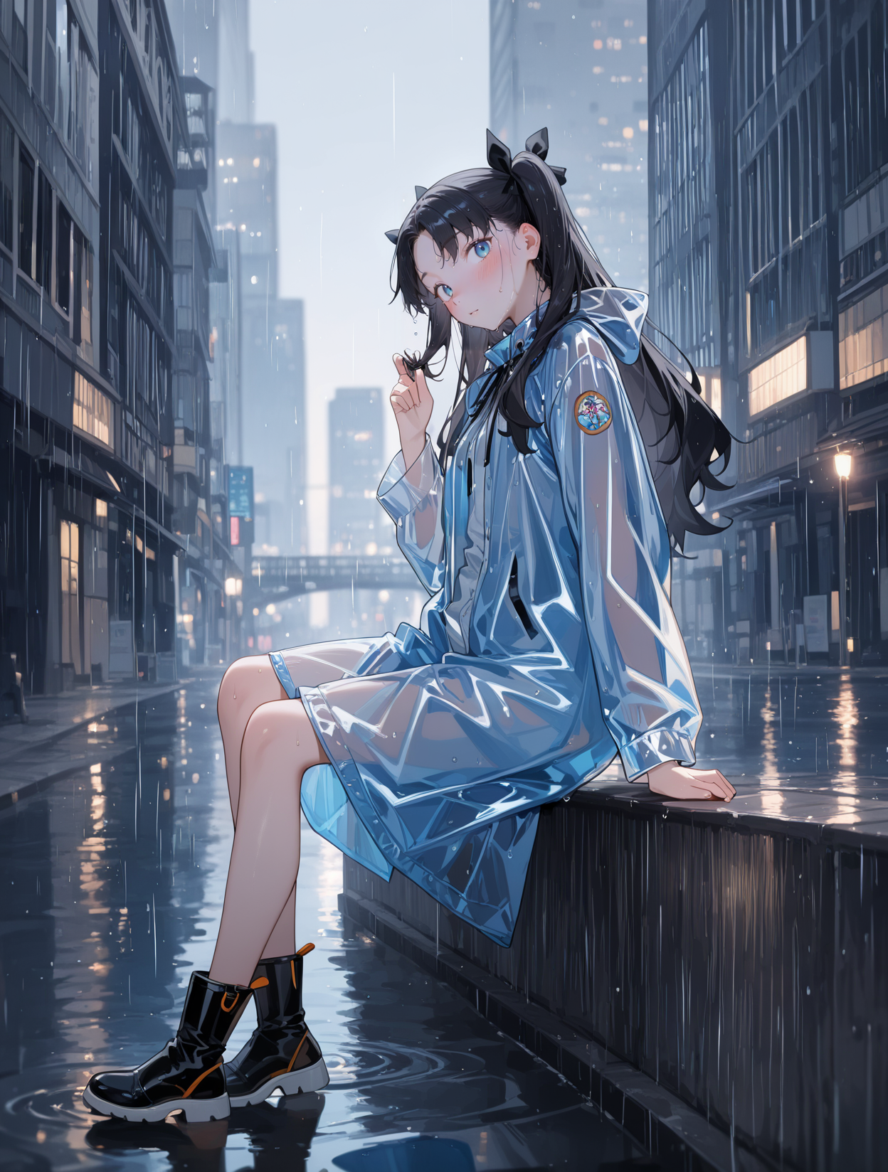 TohsakaRinCYQL,1girl,solo,long hair,black hair,two side up,bangs,parted bangs,ribbon,hair ribbon,black ribbon,blue eyes,Packable raincoat, skirt, rain boots,
BREAK
blush,head_tilt,hair_twirling,,sitting_backwards,looking at viewer, from side, head tilt ,leaning back,profile,
BREAK
scenery,building,reflection,sciencefiction,outdoors,water,sunlight,city,lightrays,,
BREAK
EtherStyle,qxys,usnr,748cmstyle,<lora:spo_sdxl_10ep_4k-data_lora_webui:0.6>,<lora:illustrious_all_rated_v1:0.7>,<lora:laser_light_clothes_v0.5-pony:0.5>,<lora:holographiccolor:0.6>,<lora:EtherSDXL:0.8>,<lora:TohsakaRin_Illustrious by Cyql:1>,
perfect quality,high quality,masterpiece,best quality,amazing quality,very aesthetic,absurdres,newest,