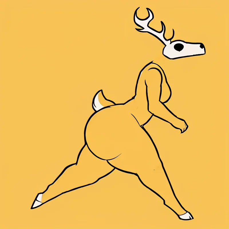<lora:wrnsignPDXL_11a:1>  yellow background, black lineart, (yellow body:1.2), flat colors, side view, solo, anthro, wendigo, female, antlers, skull head, medium breasts, sharp claws, big butt, digitigrade, cloven hooves, running