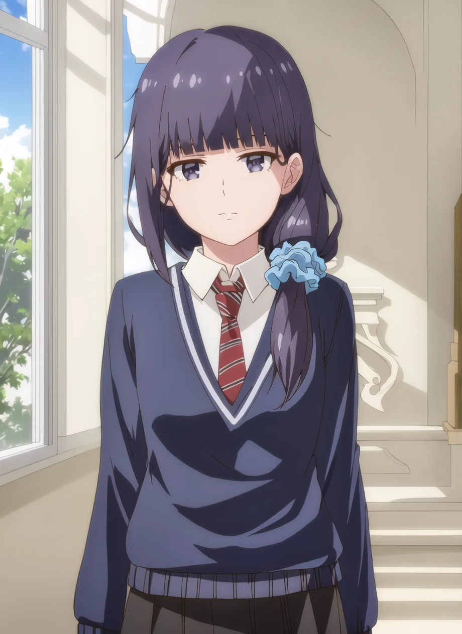 masterpiece, best quality, high quality, 1girl, solo, <lora:gundou_misuzu-04:1>, gundou_misuzu, low ponytail, hair over shoulder, single sidelock, hair scrunchie, blue scrunchie, medium hair, hair strand, blue sweater, long sleeves, collared shirt, white shirt, necktie, black skirt, pleated skirt, medium skirt, portrait, looking at viewer, indoors, expressionless