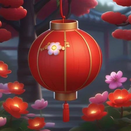 Red lantern,in the flowers,in the style of temmie chang,in the style of realistic and hyper-detailed renderings,strong diagonals,colorful illustrations,2D game art,black outline,3D rendering,4k resolution,best Quality,<lora:Red lantern_XSE_GAME_V1:0.8>,