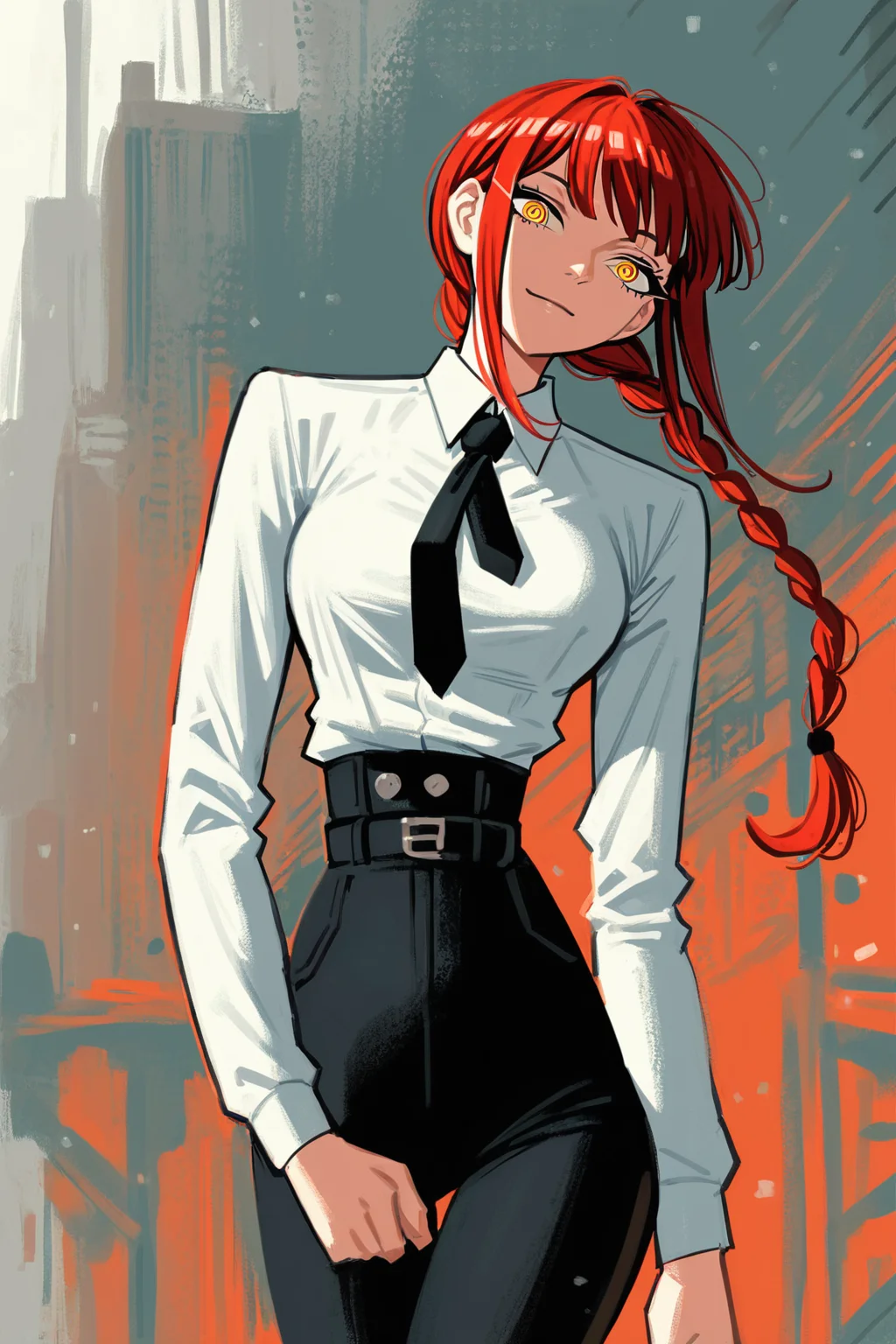 score_9, score_8_up, score_7_up, makima \(chainsaw man\), black necktie, black pants, braid, braided ponytail, collared shirt, high-waist pants, long hair, long sleeves, necktie, red hair, ringed eyes, shirt tucked in, tented shirt, yellow eyes, sidelocks, head tilt, solo, solo focus, cowboy shot, , Walking away with a purposeful stride, one hand casually in a pocket., <lora:2024-08-13_10-43-06-save-12936-77-0:1>