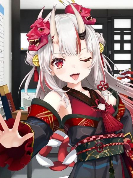 detailed background, shiny skin, posing, rating safe,
<lora:ayame.pony:1>,
ayame,
one eye closed, tongue,
office,