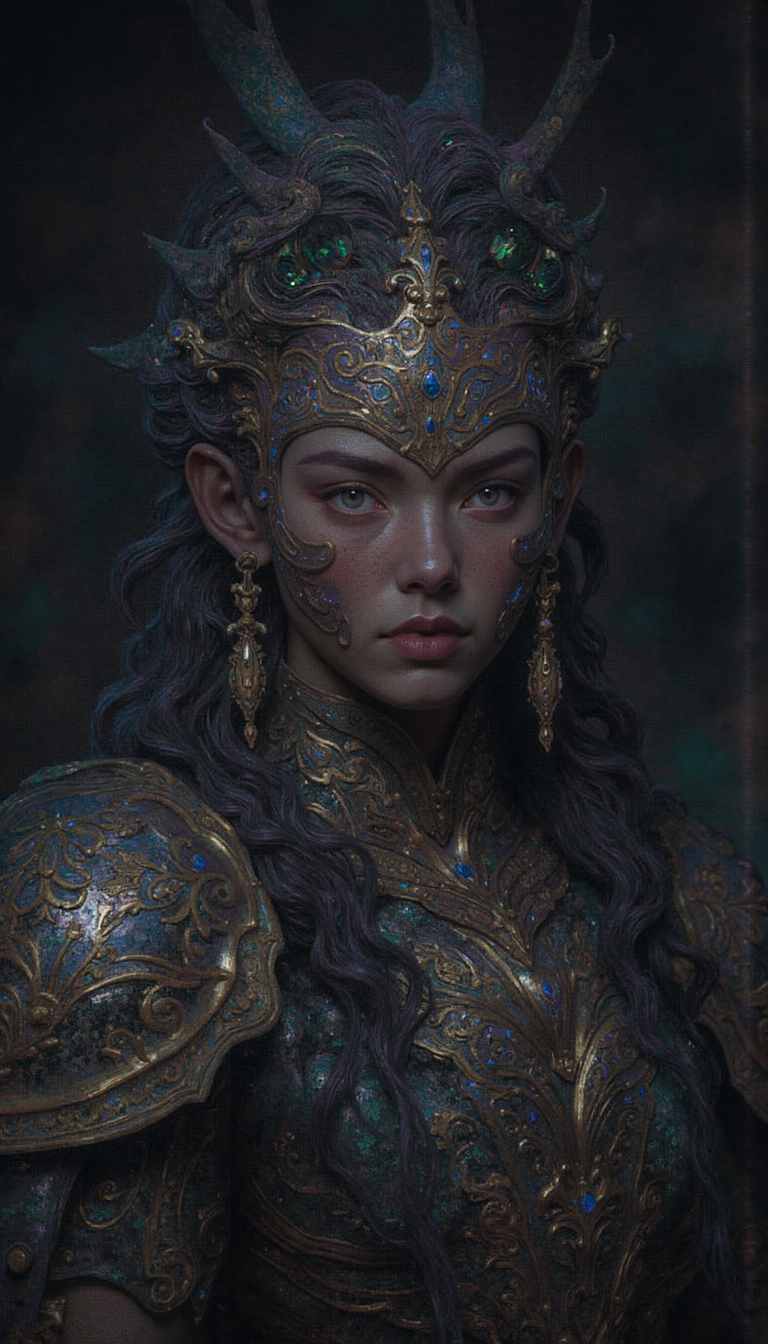 GLOW,intricate tetradic colors in every details,FLUORESCENT,asian woman, A female elf with cerulean eyes and cascading, raven hair streaked with violet stands in partial profile.  Capture her with a hint of tenebrism, emphasizing the play of light on her ornate, verdigris armor and the delicate filigree of her earrings. Her expression should be a study in stoic vigilance, a hint of the travails of a life lived on the precipice of adventure lingering in her gaze.