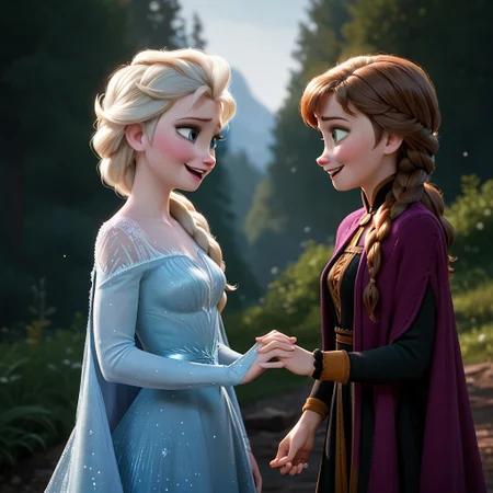 score_9, score_8_up, score_7_up, score_6_up, score_5_up, score_4_up, rating_questionable, 2girls, AnnaElsa, sisters, holding hands, happy
