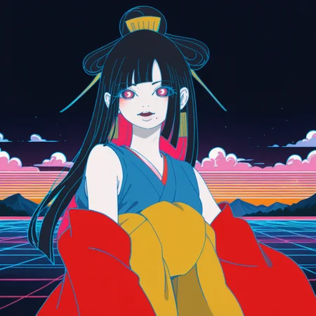 Synthwave, score_9, score_8_up, score_7_up, score_6_up, score_5_up BREAK t1u5, 1girl, mole under mouth, colored sclera, pink eyes, symbol-shaped pupils, long hair, black hair, blue kimono, sleeveless, earrings, hair stick, hime cut, sidelocks, hair ornament, colored inner hair, yellow obi, red sleeves, detached sleeves, cowboy shot, pale skin, looking at viewer, solo, <lora:tukiGirlPDXL16v0.95cametx1-000008:0.8>, vectorized, synthwave, purple blue red orange, bright neon colors on a dark background