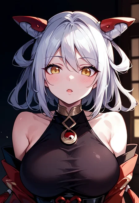 score_9, score_8_up, score_7_up,qi, 1girl, large breasts, bare shoulders, jewelry, white hair, yellow eyes, clothing cutout,animal ears,red horn