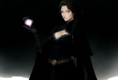 fantasy class, sorcerer, half elf, 22 year old woman, (magic the gathering artwork, by Magali Villeneuve:1.5), pointed ears, (braided hair, long hair, black hair), blue eyes, serious, slight smile, pale skin, elegant dress, black dress, dark purple corset, covered shoulders, bare arms, elbow gloves, lace gloves, black gloves, tall boots, full body visible, shrug clothing, adventuring outfit, pants, belt around hips, vambraces with metal studs