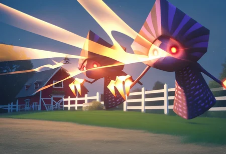 score_9, score_8_up, source_game,score_7_up,creature, they, purple body,black stripes, red eyes,glowing eyes,cone formed lower body, nighttime, on a farm, transparent light from eyes, covered mouth, Expressiveh