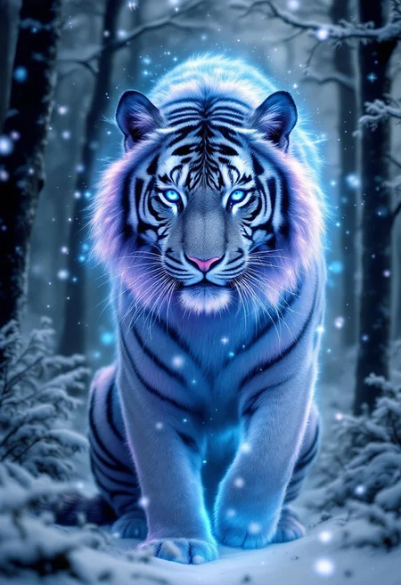 A breathtaking and enchanting poster design featuring a majestic, glowing tiger as the central focus. The tiger's striking black and white stripes are depicted with incredible realism, and its fur shimmers with an otherworldly blue and purple light. The piercing blue eyes of the tiger stand out against its dark stripes, adding to the mystical aura that surrounds it.
The tiger's powerful and regal presence is set against the backdrop of a wintry forest, with snow-covered trees and a soft, cool color palette. The gentle snowfall that surrounds the tiger adds to the serene yet powerful atmosphere of the scene. The composition of the image, blending natural beauty with fantastical elements, evokes a sense of wonder and awe, portraying the tiger as a guardian or spiritual entity of the forest.
