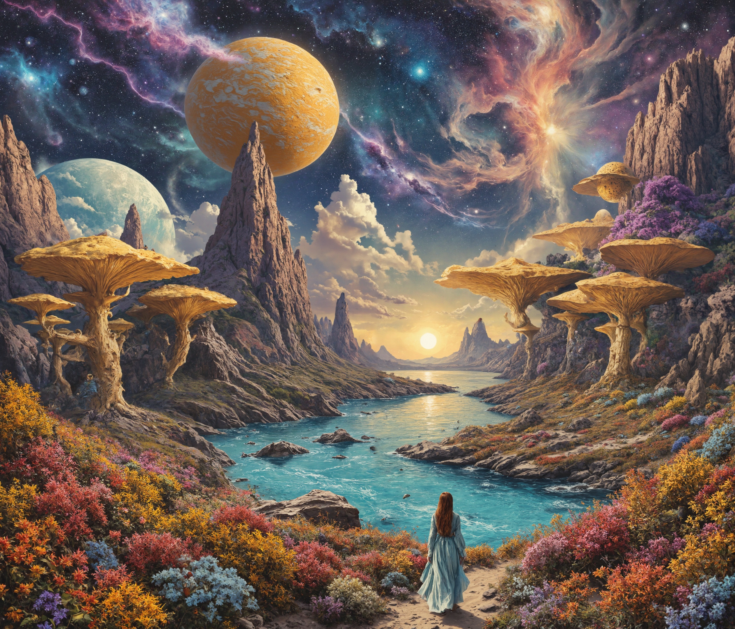 The image is a breathtakingly surreal and vividly detailed alien landscape, seemingly inspired by science fiction and psychedelic fantasy art. The composition is filled with otherworldly flora, a dreamlike celestial sky, and a lone traveler immersed in the mesmerizing scenery.  Foreground and Landscape Details In the foreground, an array of oversized, alien flora dominates the landscape. These plants exhibit vibrant hues of red, orange, yellow, and blue, resembling an enchanted garden from an extraterrestrial world. Some flowers resemble giant sunflowers, while others appear as glowing, bioluminescent blossoms with intricate, crystalline petals.  A clear blue river snakes through the terrain, its surface reflecting the golden light from a radiant sun. The riverbanks are made of jagged, rocky outcroppings interspersed with lush vegetation. The landscape is covered in thick clusters of golden, orange, and crimson foliage, forming a natural pathway leading deeper into the scene.  Towering above the terrain are colossal mushroom-like trees with elegant, twisting stems. Their massive, flat, and domed caps come in different colors—some have golden tops with intricate textures, while others display pastel hues of pink, blue, and violet. Some of these fungi-like trees have smaller orbs floating above them, tethered by thin, root-like stems, creating the illusion of weightlessness.  The Lone Traveler A lone female figure, dressed in a flowing blue gown with long red hair cascading down her back, is walking along the landscape. Her presence suggests exploration and discovery, as she gazes toward the horizon where the terrain meets the sky. She is small compared to the grandeur of her surroundings, emphasizing the vastness of this alien world.  Celestial Elements The sky is a cosmic masterpiece, blending deep purples, blues, and pinks with swirling nebulas and distant galaxies. Gigantic planets, some with cratered surfaces and others covered in vibrant, swirling patterns, dominate the upper portion of the scene. One of the largest planets in the background features a luminous yellow-orange surface punctuated with circular, crater-like patterns. Another celestial body appears to be encased in a thin, glowing ring, adding an element of astronomical wonder.  A radiant sun shines intensely, casting a golden glow that illuminates the flora and enhances the vibrancy of the scene. The play of light and shadow accentuates the surreal textures and details of the plants, terrain, and sky.  Atmosphere and Artistic Style The overall mood of the image is both fantastical and ethereal, evoking a sense of wonder and exploration. The surreal landscape, rich with exaggerated forms and dreamlike colors, resembles visionary artwork inspired by the works of science fiction illustrators and psychedelic fantasy painters. The intricate details, such as the texture of the planet surfaces, the veins on the mushroom caps, and the reflections on the water, add depth and realism to the composition despite its fantastical nature.  This alien world seems like a place of untamed beauty, where nature and cosmic elements intertwine seamlessly, creating an immersive environment filled with awe-inspiring details. The presence of the lone traveler invites the viewer to step into the scene, sparking curiosity about the mysteries that lie beyond the horizon.
