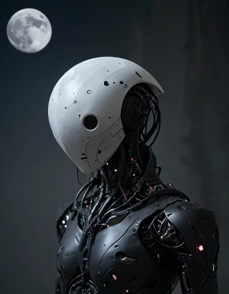 art by Lauren Faust, Norm Rapmund, noface of aclose up of a cyborg, Moon in the night, Goth Art, Fast Shutter Speed, Nikon d3300, Depth of field 100mm