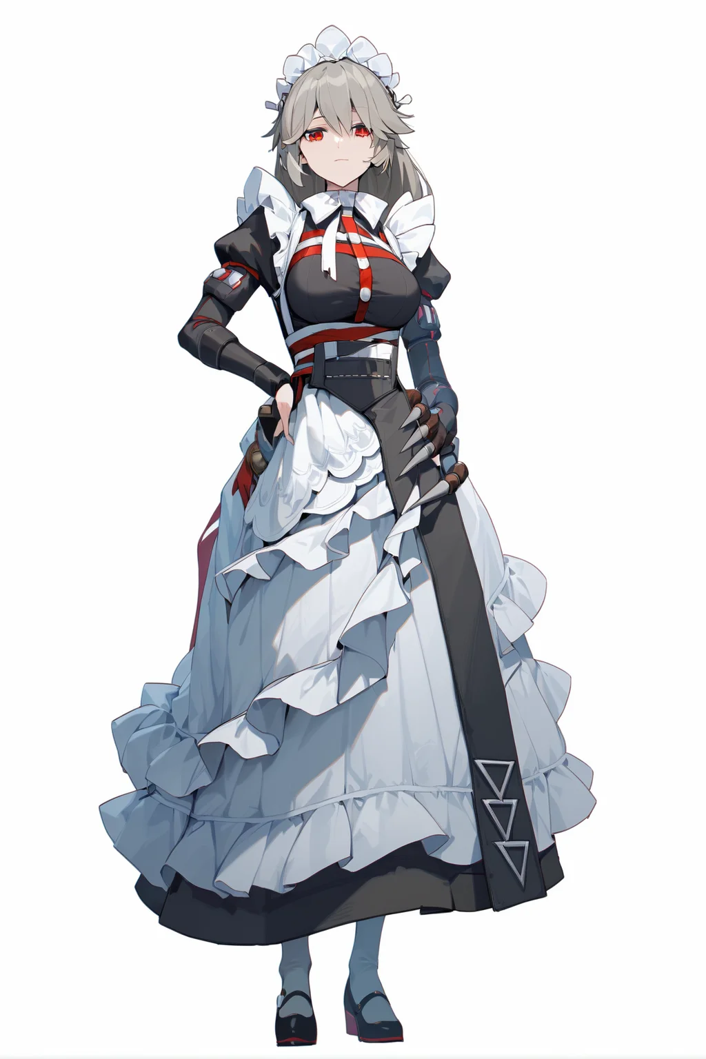 score_9, score_8_up, score_7_up, score_anime, 8k, best quality, masterpiece, (ultra-detailed), (white background,simple background:1.3), solo, hands on hip, (full body:1.1), looking at viewer,
<lora:pony-Ldart_xl-000008:0.6>, masterpiece, best quality, <lora:Sh1r3nXLP:0.3>, (Sh1r3n:1.2), <lora:g0th1cPXL:0.3>, g0thicPXL, glowing, neon,
<lora:rina-pony-Tanger-000014:0.8>, rina, rina's def clothes, long dress, 1girl, red eyes, maid, grey hair, maid headdress, breasts, apron,