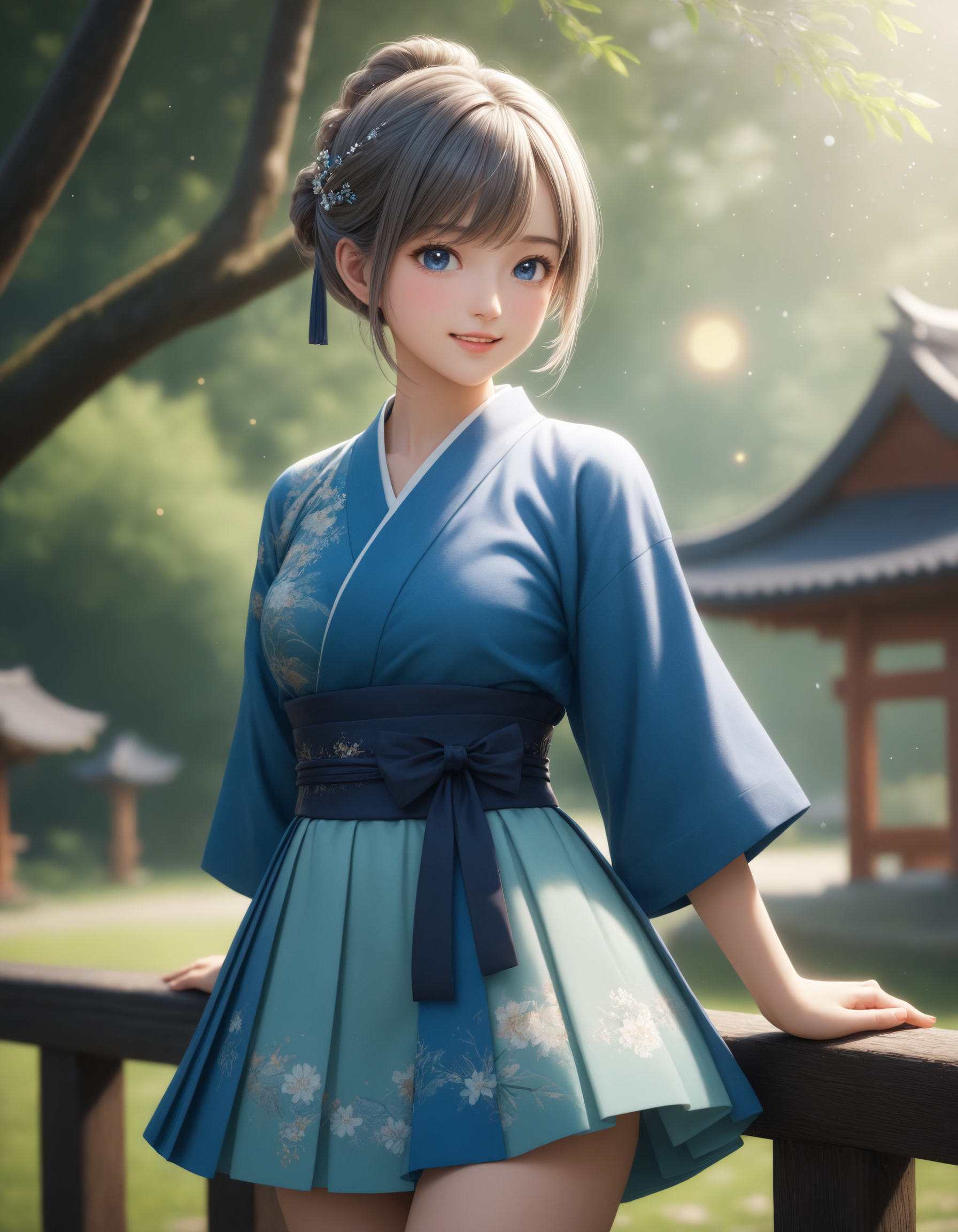 SceneDescription:
  - Composition: Cinematic angle.
  - Subject: A 18YO girl.
    - Characteristics:
      - Face: (Cute round face:1.2).
      - Eyes: Detailed dark-blue eyes.
      - Hair: Half updo, (gray hair), (gray inner hair) and asymmetrical bangs.
      - Body: Detailed body. Large breasts.
      - Clothing: Saxe-blue kimono, short sleeves, big obi and (saxe-blue ruffled short skirt:1.2).
      - Expression: Happy expression. Open mouth.
      - Posing: Dynamic pose. Looking at viewer.
  - Background: Fashionable japanese style park.
    - Elements: Lush greenery. Lens flare.
Time: (Daytime:1.2).
Lighting: (Natural lighting:1.4).
ArtStyle: Photorealistic. Cute style.
Quality: Intricate details. Extremely detailed. Outstanding intricacies. (Masterpiece:1.2). (Best quality:1.2). (Absurdres absolutely resolution:1.4).
Mood: Serene atmosphere.
<lora:flat_sdxl:-0.2>