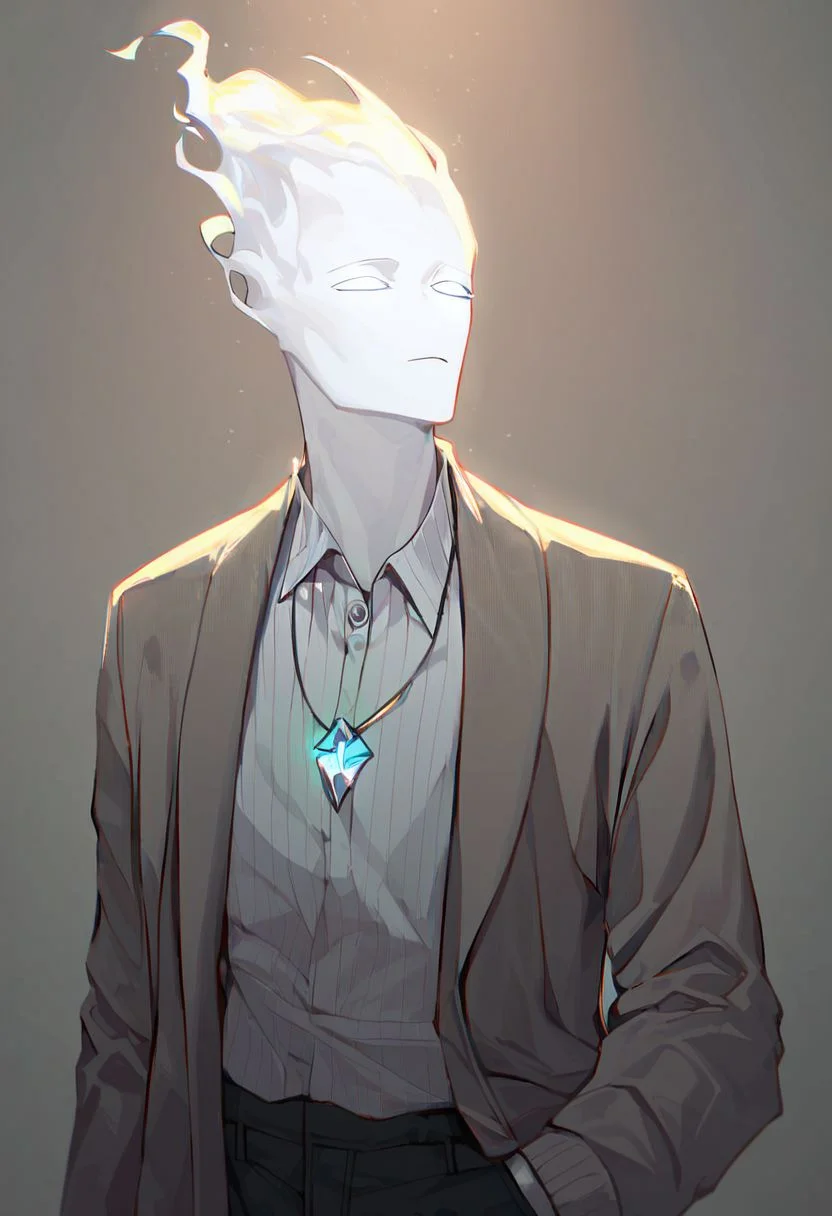 (((beautiful, high quality))), upper Body, score_9, score_8_up, score_7_up,
FireHuman, white fire, empty eyes, 1male, white skin, white eyes, dark grey jumper, pendant, black pants,
looking at the viewer, posing, blurred background,