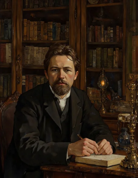 Rembrandt style <lora:Dark_Ghibli:0.6>, Portrait of Anton Pavlovich Chekhov â a masterpiece painting style. A realistic, highly detailed portrait of the famous Russian writer Anton Chekhov in his middle age, around 40 years old. He is sitting at a wooden desk in a dimly lit study filled with antique bookshelves, old manuscripts, and a burning oil lamp. His expression is thoughtful and melancholic, reflecting deep intellect and literary genius. He is dressed in a classic 19th-century dark suit with a white shirt and cravat. The background should be warm and moody, with rich browns, deep greens, and golden shadows to emphasize the atmosphere of late 19th-century Russia. Use dramatic chiaroscuro lighting to highlight his face and hands resting on a notebook and pen. Style inspired by the great realist painters like Ilya Repin or William Bouguereau â precise details, emotional depth, and historical authenticity., <lora:ЧÐÐ¥ÐÐ:1> . Baroque, chiaroscuro, realistic, emotional, "flat lighting