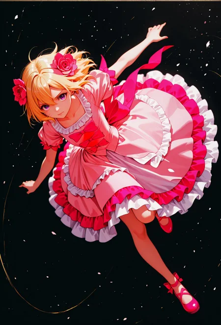 <lora:Jill Savelle:0.9>, CDE_JE,purple eyes,medium hair,blonde hair,hair between eyes, hair flower,pink flower,pink bow,pink dress,puffy sleeves,pink footwear,mary jane shoes,
general, dutch angle, oblique view, dynamic pose,
masterpiece, best quality, absurdres, highres, very aesthetic, high quality, detailed, insanely detailed, beautiful, high saturation, high contrast,
(photo background:0.3), depth of field,
<lora:noobai_vpred_1_masterpieces_v1:1>, very awa,
<lora:noob1.1-lineart_adjust1-mki:-0.5>,
<lora:IllustriousTweakerLora_v4-detail_1457119:0.8>, <lora:LECO_StickClotch:1.5>, <lora:LECO_Particles:1>,