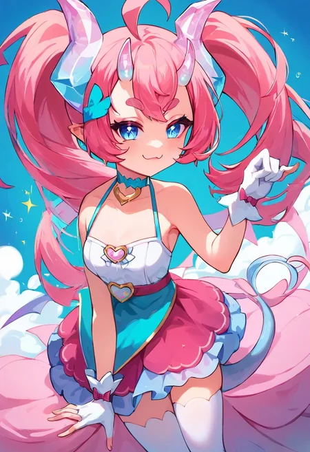 score_9, score_8_up, score_7_up, colorful, masterpiece, perfect face, post processing, slender thighs, skinny, petite
bedroom background, daytime, looking at viewer,
Cute pose, dancing,
smug face, (pastel colors),
(chibidokidef, light pink hair, bow, thick eyebrows, horns, gloves, tail, pink skirt, white thighhighs, choker, light blue eyes),
1 girl, solo, Expressiveh, AissistV2