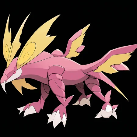 watercolor creature art, <lora:pokemon_pony_xl:1>, Type: Poison, Type: Poison Egg Group: Water 2, is a pokemon creature that It possesses a row of Pink spines along its forearms, used in defense and during mating displays,Its snout is elongated and houses rows of sharp, Red teeth,It can whistle a tune that manifests as yellow (orange:0.8) notes floating in the air a visual symphony,Its body emits a Maroon aura that can influence the emotions of those around it,A Fuchsia aura surrounds it when it sings, a melody that heals the wounds of the earth and soothes the spirits of the forest score_9, score_8_up, score_7_up, score_6_up, score_5_up, score_4_up. Simple black background, (Masterpiece:1.3) (best quality:1.2) (high quality:1.1)