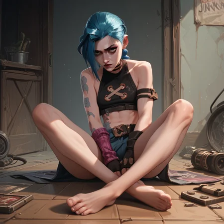 score_9, score_8_up, score_7_up, score_6_up, score_5_up, score_4_up, 1girl, JinxPowder, sitting on the floor, barefoot