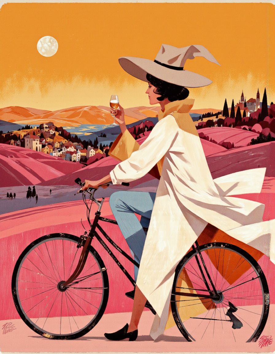 Art by Riccardo Guasco. A vibrant and colorful illustration from the side, featuring a silhouette of a woman riding a bicycle against a sunset backdrop. the woman is positioned in the middle of the image, wearing a large, wide-brimmed hat and a long, flowing white coat. She is holding a glass of white wine in her right hand, and her left hand is positioned on the handlebars of the bicycle. the background features a pink landscape with rolling hills and a small town in the distance, under a warm orange sky with a full moon. the illustration is signed "Franciacorta Berlucchi" in the bottom right corner, adding a touch of elegance to the overall design.