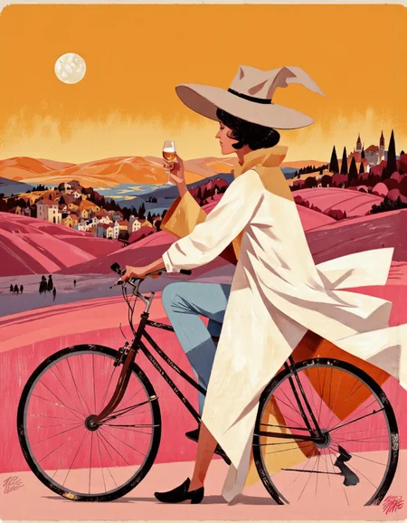 Art by Riccardo Guasco. A vibrant and colorful illustration from the side, featuring a silhouette of a woman riding a bicycle against a sunset backdrop. the woman is positioned in the middle of the image, wearing a large, wide-brimmed hat and a long, flowing white coat. She is holding a glass of white wine in her right hand, and her left hand is positioned on the handlebars of the bicycle. the background features a pink landscape with rolling hills and a small town in the distance, under a warm orange sky with a full moon. the illustration is signed "Franciacorta Berlucchi" in the bottom right corner, adding a touch of elegance to the overall design.