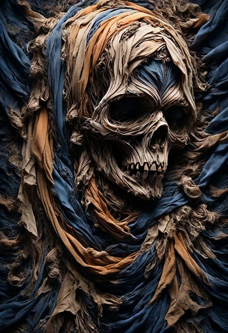 RAW closeup photo, vanishing skull, macro shot,( dark blue, orange, gold scarf), masterpiece, colorful details, award winning, high detailed, 8k, natural lighting, analog film, detailed skin, amazing composition, intricate details, subsurface scattering, vellus hairs, amazing textures, soft light
