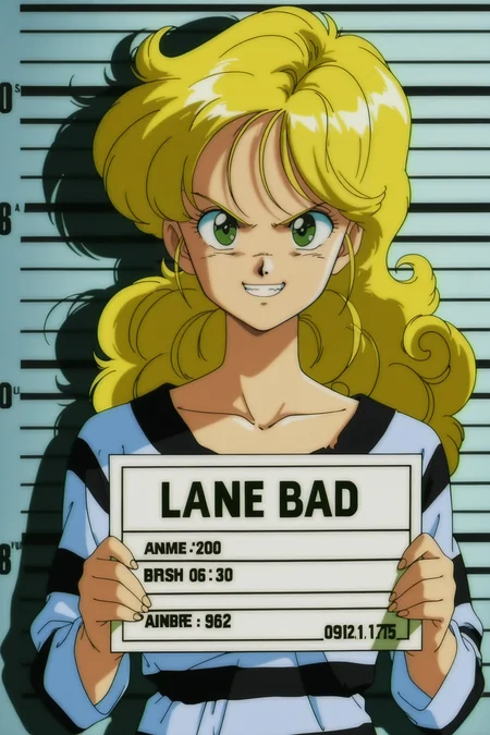 anime screencap, absurdres, high quality, 1990s \(style\), anime coloring, retro artstyle,
launch bad, blonde hair, long hair, curly hair, green eyes,
prison clothes, grin, teeth, mugshot, collarbone, striped clothing, holding sign, character name, english text,
<lora:Launch_IL:0.8>