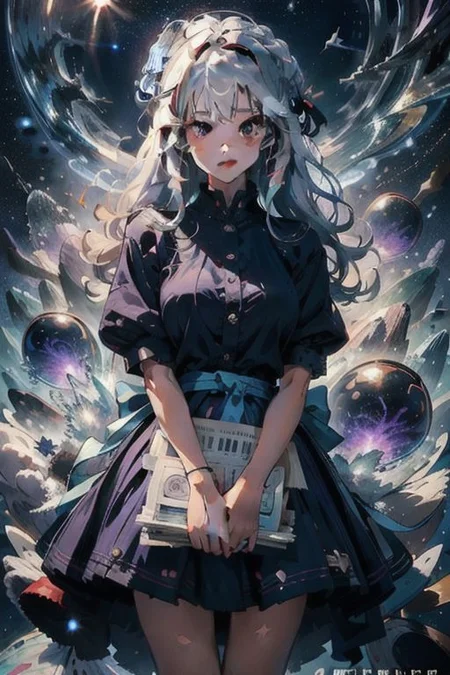 masterpiece,best quality,1girl,very wide shot,Dress - Gem - starry sky - fusion,((1girl)),underwater,Bright and colorful,{Atlantis},purple water,Sea of Stars,The Girl in the Giant Glass Bottle:5,((Huge glass bottle))- ((A huge white-haired girl)),bubbles,star pillow,((The Girl in Sleep)),cowboy shot:3,small breasts:5,skirt set,((doll)),<lora:Newspaper:1>,