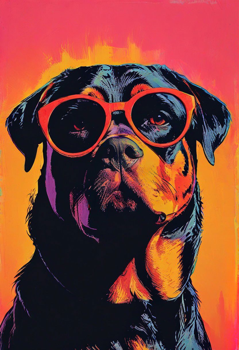 impactful color paint of, a Rottweiler wearing dark sunglasses, highly detailed, vibrant colors , 8k, sharp, professional, clear, high contrast, high saturated, , vivid deep blacks, crystal clear