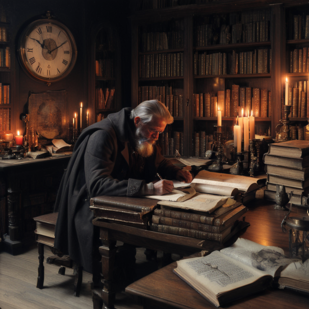 <lora:BaroqueFantasyRealismSDXL:1> Baroque Fantasy Realism, The image shows an old man sitting at a desk in a room with a large clock on the wall. He is wearing a long coat and has a beard and is writing on a piece of paper with a pen. The desk is cluttered with books candles and other decorative items. On the left side of the desk there is a bookshelf filled with books and a globe and on the right side there are several stacks of old books. The room appears to be a library or study with a wooden floor and a large window in the background. The overall mood of the image is dark and mysterious., book, candle, solo, indoors, book stack, sitting, quill, realistic, bookshelf, candlestand