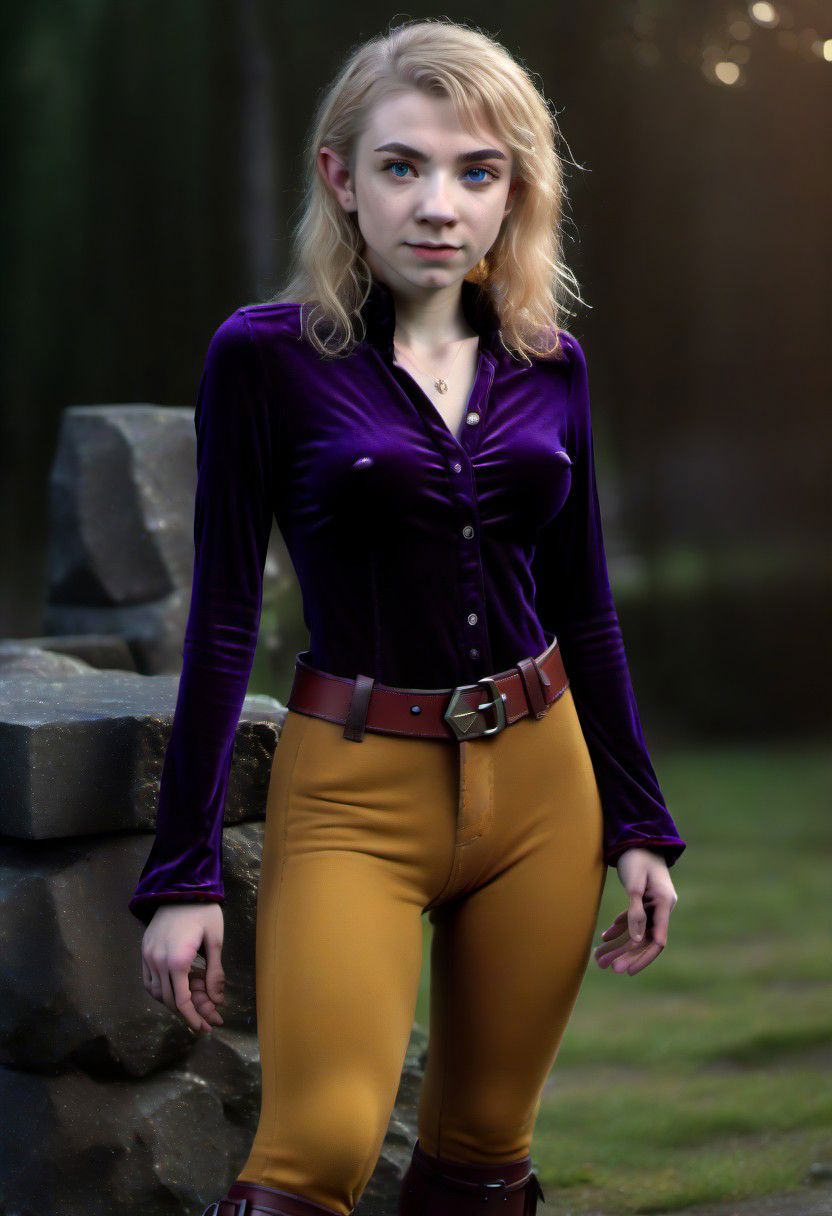 photo of pale (Age 19) female (halfling:1.75), flat chested, tiny nipples, rectangle body shape, shaggy blonde, middle part, blue eyes, (Dark purple)/(Dark Orange) masculine shirt/pants, homely, tiny, petite, thin, toned, lithe, full body, outdoors, D&D character, druid, HDR