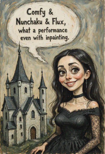 Clip L an award-winning, Expressionism Cartoons, spketch painting, Close-up of a smiling gothic lady with delicate features, dark attire,  and a castle in the blurred background. Soft light emphasizes her smile and the rich textures of lace and velvet, creating an alluring and inviting atmosphere.T5XXLan award-winning, Expressionism Cartoons, spketch painting, Close-up of a smiling gothic lady with delicate features, dark attire,  saying ("Comfy & Nunchaku & Flux, what a performance even with inpainting":1.4) in a hand-painted speech bubble with ink splatters,  
organic integration, bubble floats naturally, no sharp edges, muted pastel colors, and a castle in the blurred background. Soft light emphasizes her smile and the rich textures of lace and velvet, creating an alluring and inviting atmosphere.