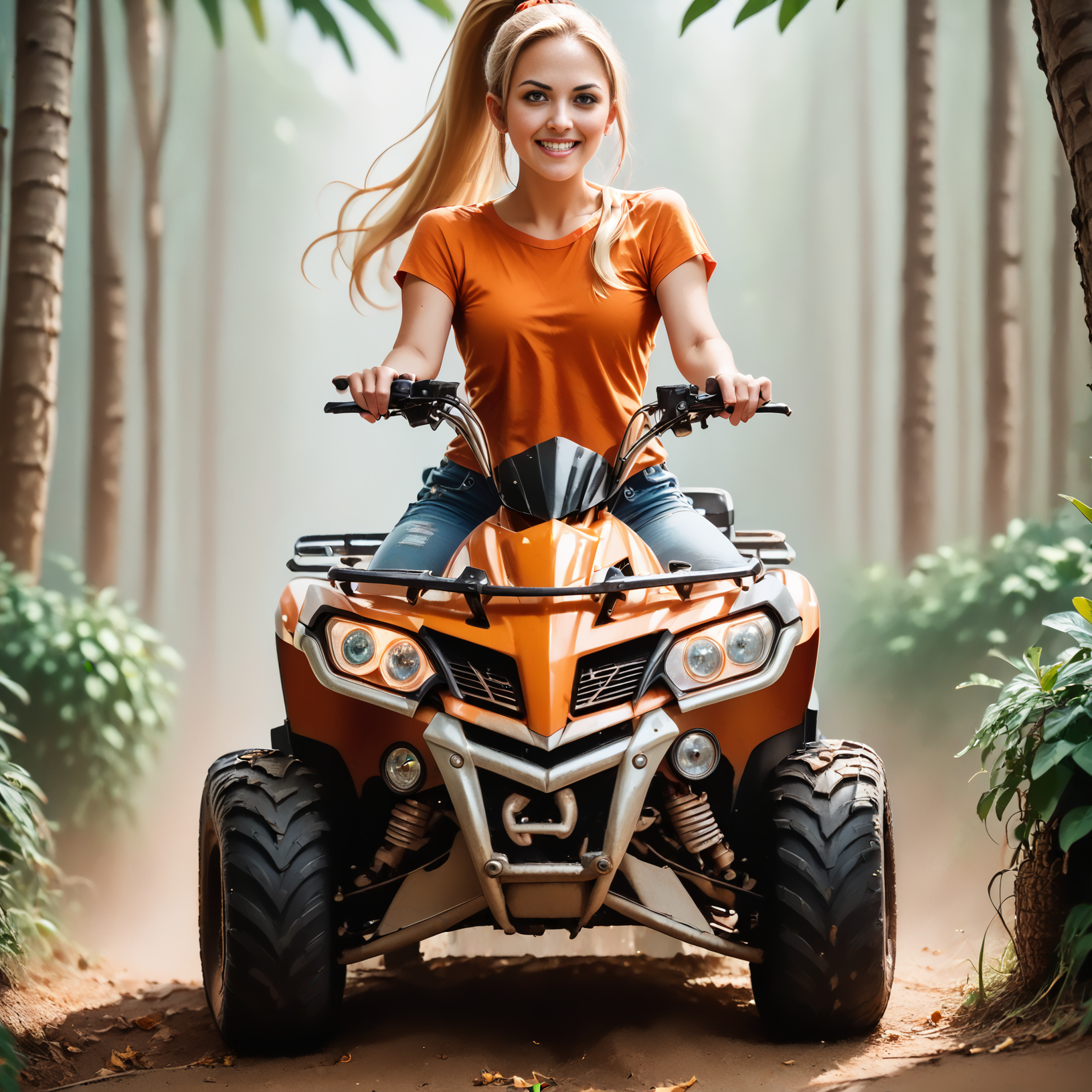 score_9, score_8_up, score_7_up, riqua (front view) , (slim 25yo female) riding a quad. orange shirt and jeans shorts, sneakers , long blonde ponytail  <lora:RideQuadPony:1>