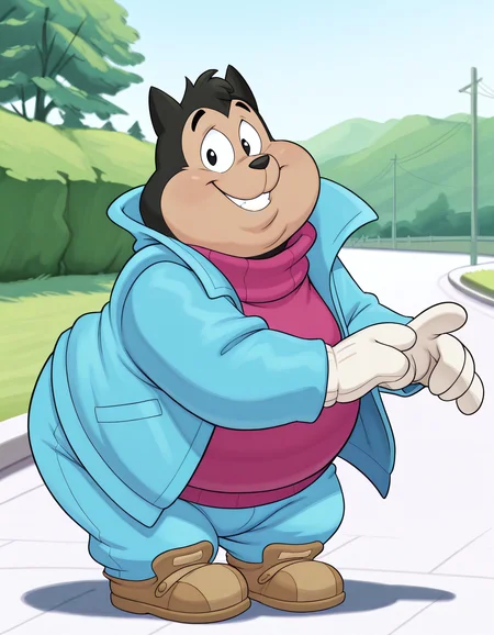 masterpiece, best quality, detailed, dynamic, expressive, solo, pj-gt, male, anthro, male, feline, chubby cheeks, overweight, chubby, fat, plump, obese, black body, black fur, black eyes, young, blue jacket, pink sweater, white gloves, blue pants, brown shoes, standing, smiling, happy, looking at viewer, outdoors