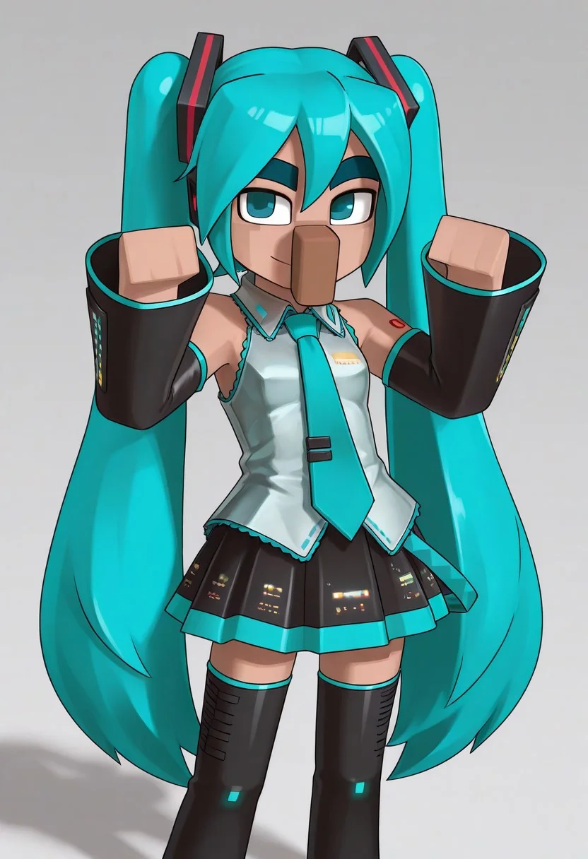 Minecraft_Villager, long nose, unibrow, 1girl, hatsune miku, blue eyes, blue hair, long hair, hatsune miku costume, cute pose